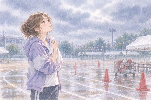 雨の運動場で空を見上げる大人の女性