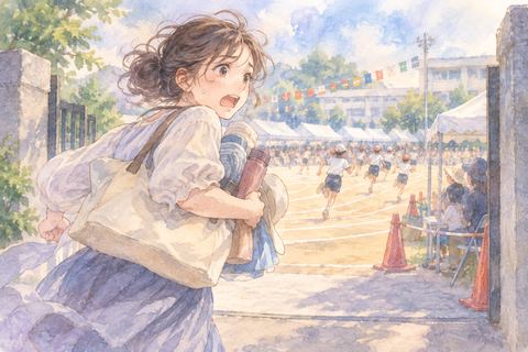 運動会場へ急いで走る大人の女性
