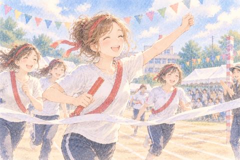 運動会を笑顔で楽しむ大人の女性