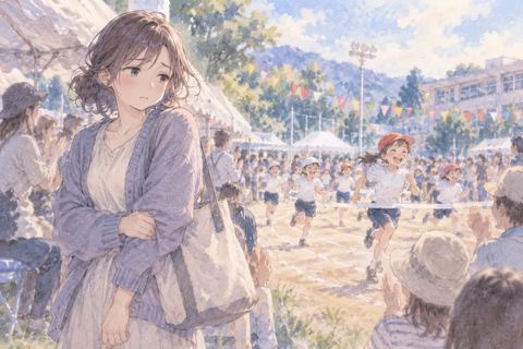 運動会で気が進まない様子の大人の女性