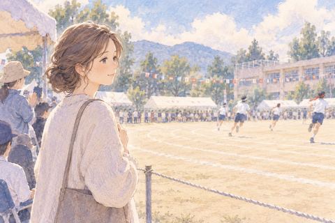 運動会を少し離れて見学する大人の女性