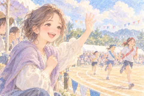 運動会で笑顔で応援する大人の女性