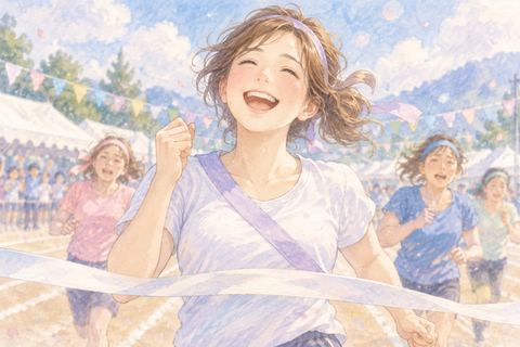 運動会で勝って喜ぶ大人の女性