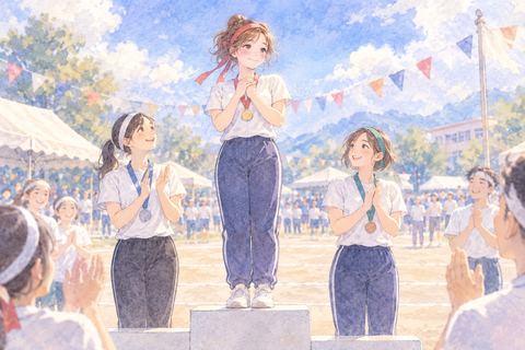 運動会で一位になり誇らしそうな大人の女性
