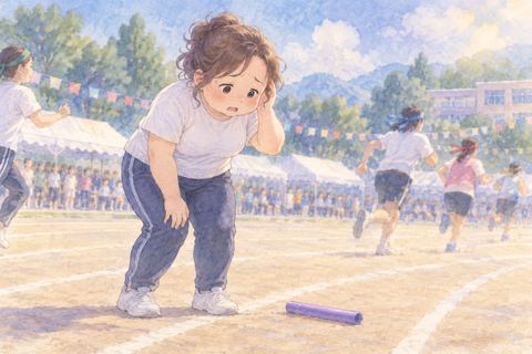 運動会で失敗して戸惑う大人の女性