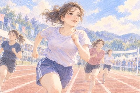 運動会で前を向いて走る大人の女性