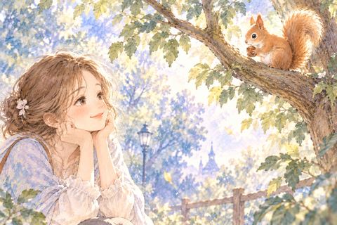 木の枝にいるリスを見つめる大人の女性