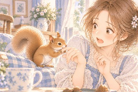 手をリスに噛まれて驚く大人の女性