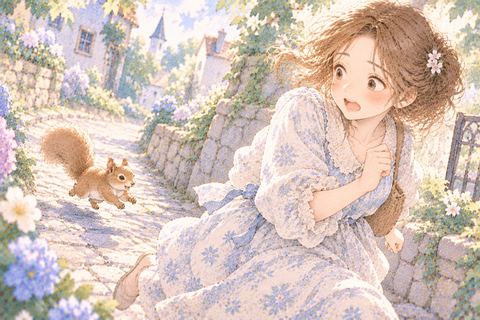 リスに追いかけられて焦って走る大人の女性