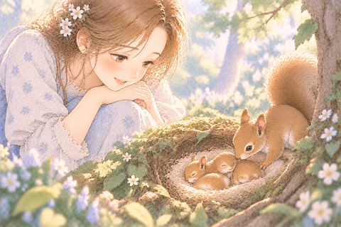 生まれた小さなリスを優しく見守る大人の女性