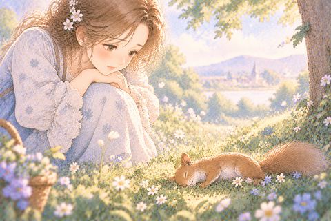 静かに横たわるリスを悲しそうに見つめる女性