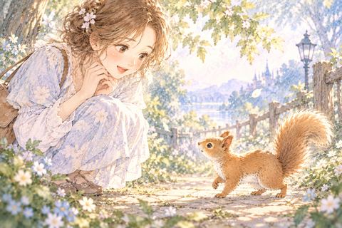 近づいてくるリスに驚き微笑む大人の女性