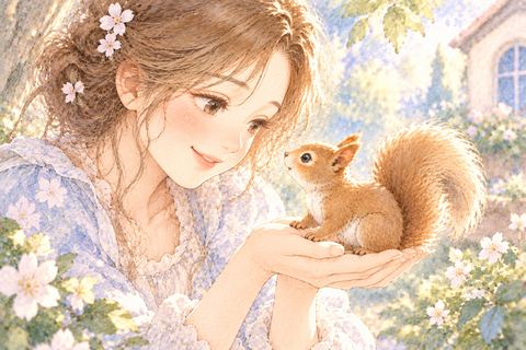 手に乗ったリスを優しく見つめる大人の女性