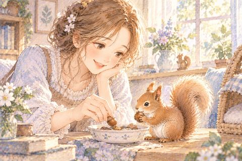 部屋でリスを優しく世話する大人の女性