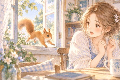 開いた窓から家へ入ってくるリスを見る女性