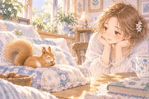 部屋でくつろぐリスを穏やかに見る女性