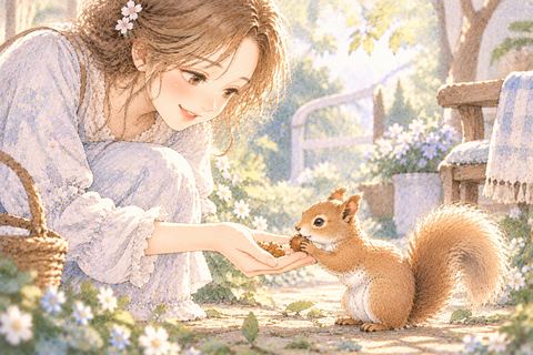 リスへ木の実を差し出す大人の女性