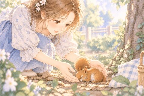 弱ったリスを両手で優しく助ける大人の女性
