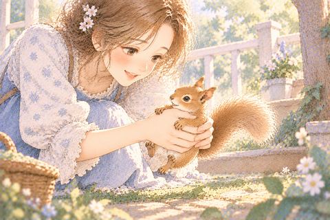 逃げるリスをそっと捕まえる大人の女性