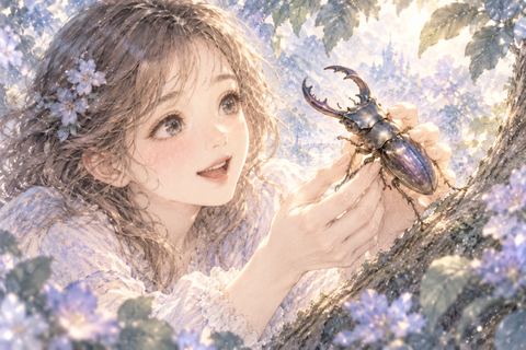 クワガタをそっと捕まえる女性