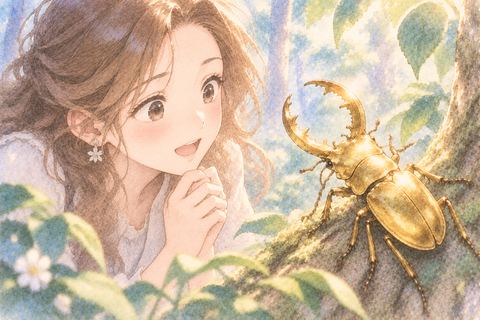 金色のクワガタを見つめる女性