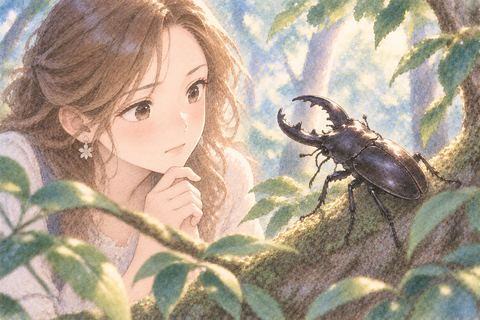 黒いクワガタを慎重に見る女性