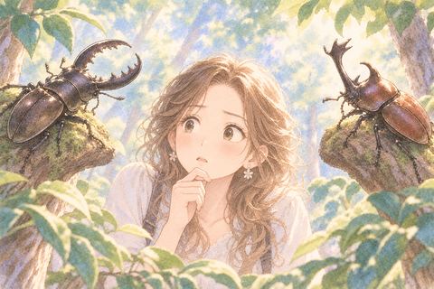 クワガタとカブトムシを見比べる女性