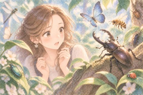 クワガタと様々な虫を見る女性
