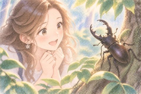 クワガタを見つけて喜ぶ女性