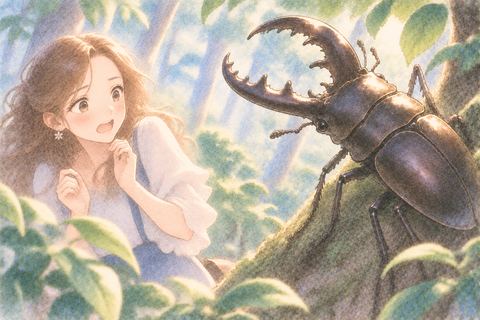 大きなクワガタに身構える女性