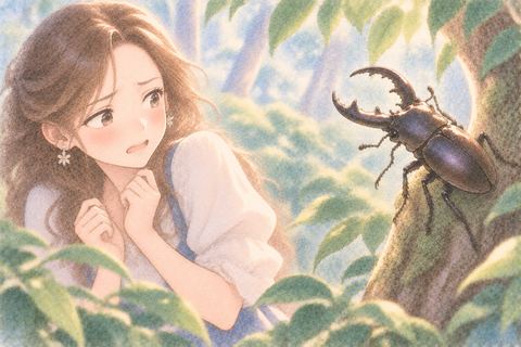 クワガタから顔をそむける女性