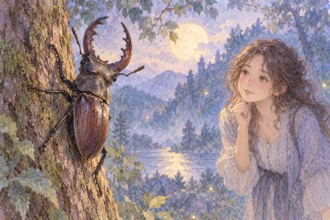 木のクワガタを静かに見る女性