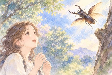 空へ飛ぶクワガタを見上げる女性
