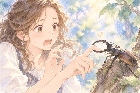 指をクワガタに挟まれ驚く女性