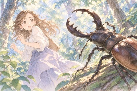大きなクワガタから距離を取る女性