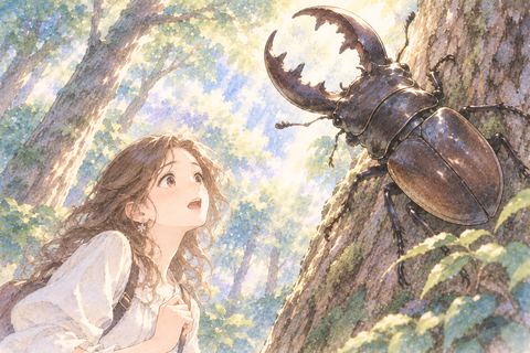 大きなクワガタを見上げる女性