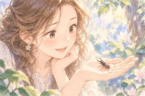 小さなクワガタを手のひらで見る女性