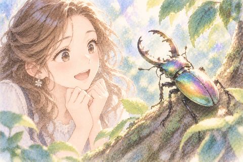 虹色のクワガタに見とれる女性
