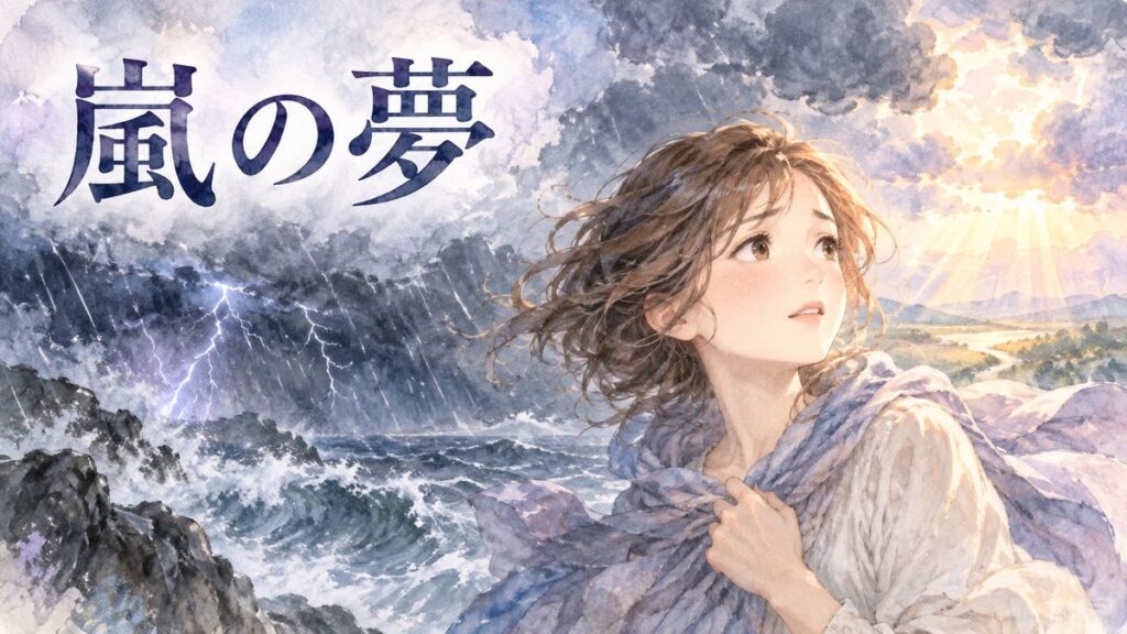 嵐の空と晴れ間を見つめる大人の女性