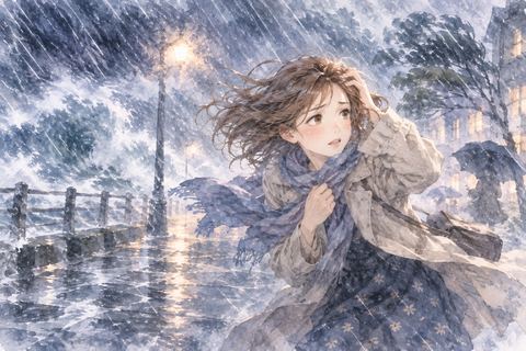 激しい風雨の中で踏ん張る大人の女性