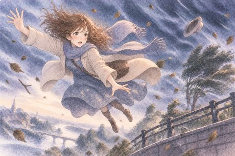 嵐の強風で体を浮かされる大人の女性