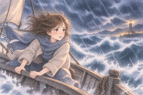 嵐の海で揺れる船に乗る大人の女性