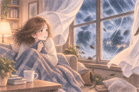 嵐の家の中で身を寄せる大人の女性