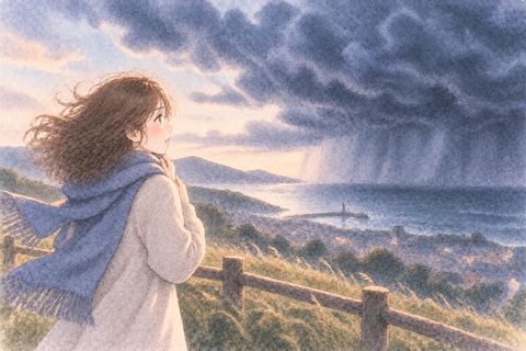 遠くから近づく嵐を見つめる大人の女性