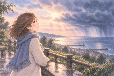 遠ざかる嵐を見送り安堵する大人の女性