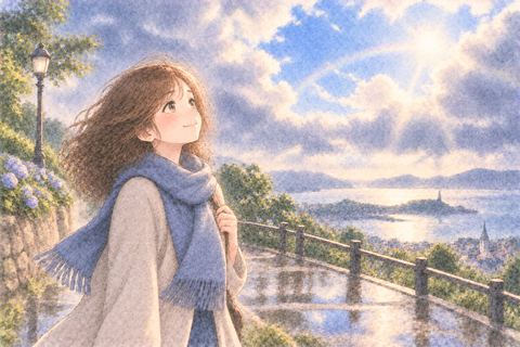 嵐の後の青空を見上げる大人の女性