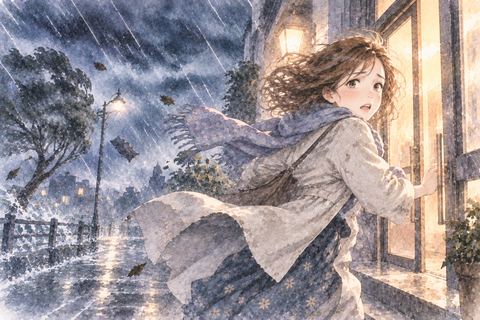 激しい嵐から建物へ逃げる大人の女性