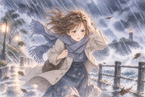 強風の中で前を向いて進む大人の女性