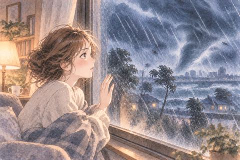 室内の窓から激しい嵐を見る大人の女性