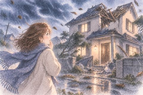 嵐で傷んだ家を見つめる大人の女性